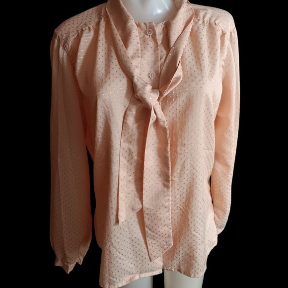 Vintage Women's Secretary Blouse 13/14 1970's Fritzi Peach Polka Blouse Tie Neck - Picture 2 of 6